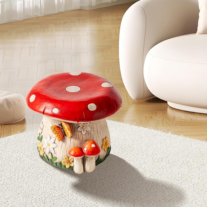 14''W Mushroom House Statue Outdoor Statues Garden Resin Stool Over-Sized Sculpture Forest Pedestal Spring Decor for Home Courtyard Lawn Patio Summer Ornament Indoor Stool-BloomoryGarden