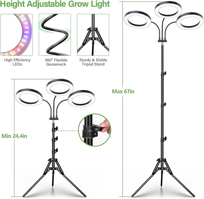 LORDEM Grow Light for Indoor Plants, Tri-Head Plant Light for Plants Growing, Full Spectrum Growth Lamp with Auto Timer for 4/8/12H, 4 Dimmable Levels, 216 LEDs, Height Adjustable Stand 24.4"- 67"-BloomoryGarden