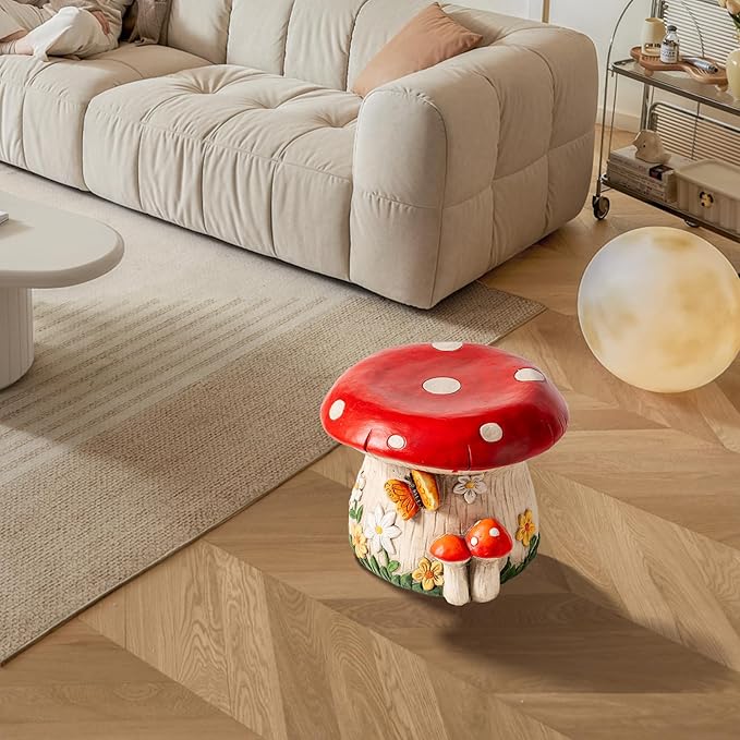 14''W Mushroom House Statue Outdoor Statues Garden Resin Stool Over-Sized Sculpture Forest Pedestal Spring Decor for Home Courtyard Lawn Patio Summer Ornament Indoor Stool-BloomoryGarden