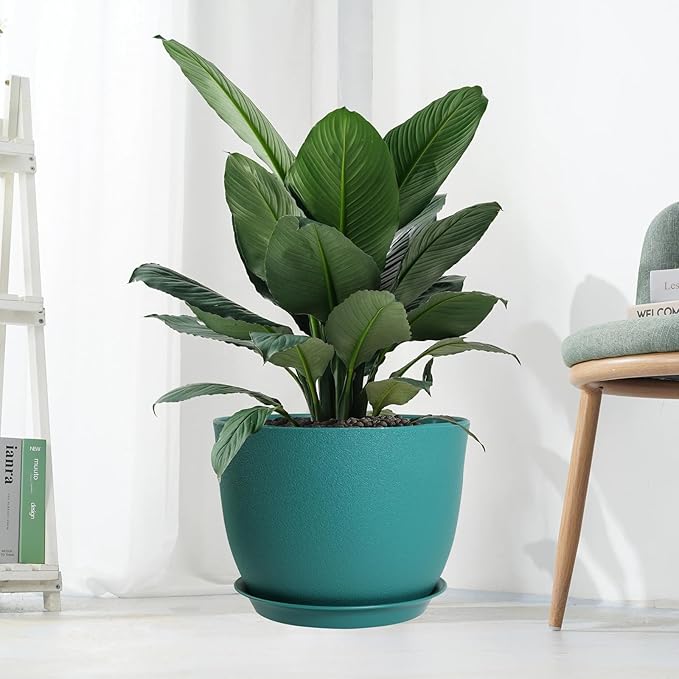 12/10/9 Large Modern Plant Pots, Plastic Planters with Drainage Holes and Saucers for Indoor Outdoor Plants Flowers, Malachite Green-BloomoryGarden