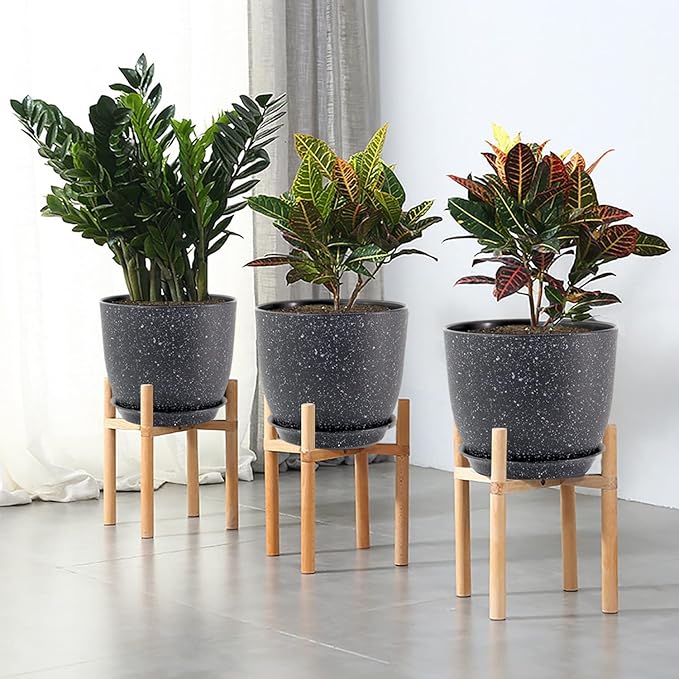 12/10/9 Large Modern Plant Pots, Plastic Planters with Drainage Holes and Saucers for Indoor Outdoor Plants Flowers, Black Speckles-BloomoryGarden