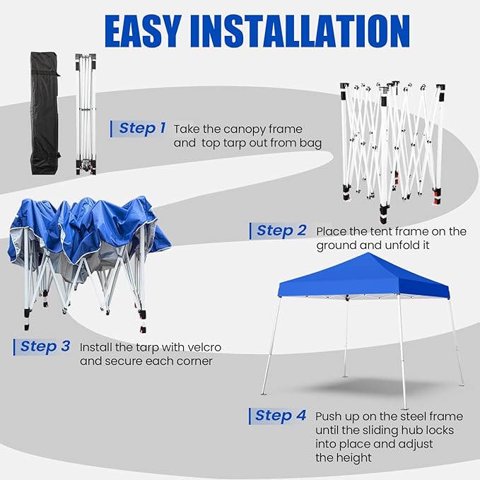 10x10 Pop Up Canopy, 300D Silver Coated Blue Fabric Outdoor Gazebo, Beach Tent Slant Legs with Storage Bag,Easy Up Sun Shade Shelter Tents with 8x8 Top Cover for Patio,Party-BloomoryGarden
