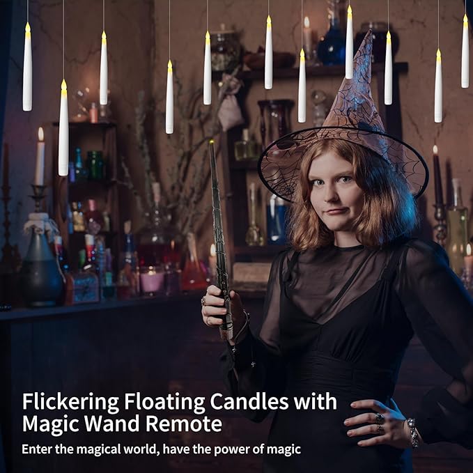 12pcs Floating Candles with Wand, Magic Hanging Candles, Flameless Candles with Magic Wand Remote, Battery Operated Hanging Window Candle, 6.1" LED Electric Candles for Christmas Halloween Decorations-BloomoryGarden