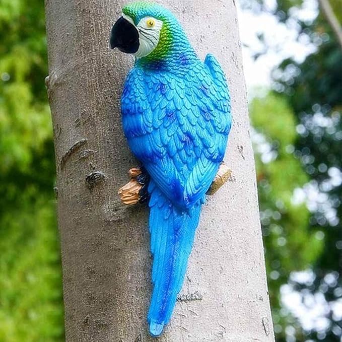 12inch Blue Parrot Tiki Bar Statue for Pool Decorations, Outdoor Parrot Deck Decor, Resin Plastic Parrot Sculpture for Porch, Life Size Tropical Birds for Yard, Tree Faces Animals(Blue)-BloomoryGarden