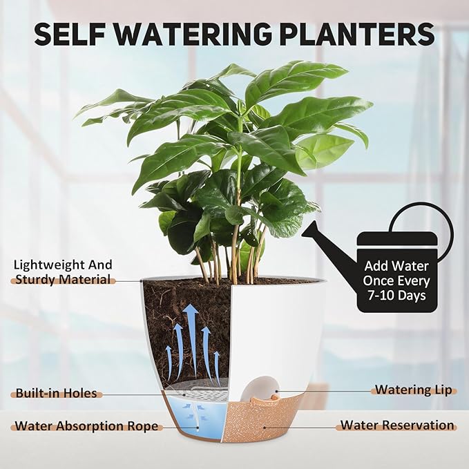 12 Inch Large Self Watering Plant Pot Set, Flower Pots with Multi-Mesh Drainage Holes and Saucer, Suitable for Indoor and Outdoor Garden Plants, White.-BloomoryGarden