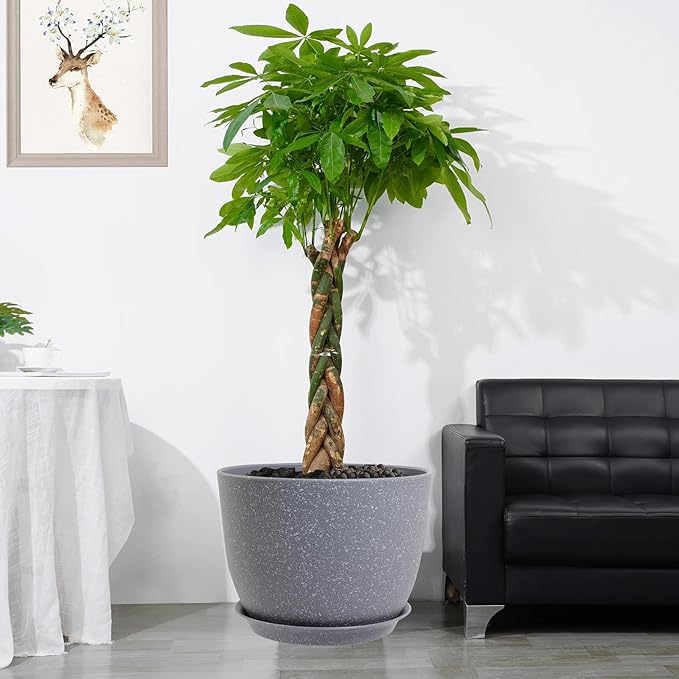 12/10/9 Large Modern Plant Pots, Plastic Planters with Drainage Holes and Saucers for Indoor Outdoor Plants Flowers, Grey Speckles-BloomoryGarden