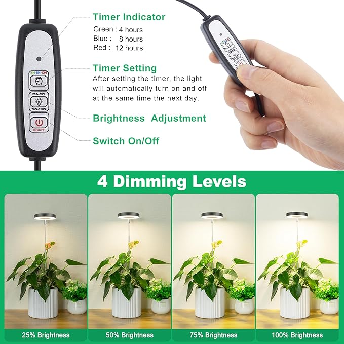 LORDEM Plant Grow Light, Full Spectrum LED Plant Light for Indoor Plants, Growing Lamp with Auto On/Off Timer, 4 Dimmable Brightness, Ideal for Indoor Plants, Black-BloomoryGarden