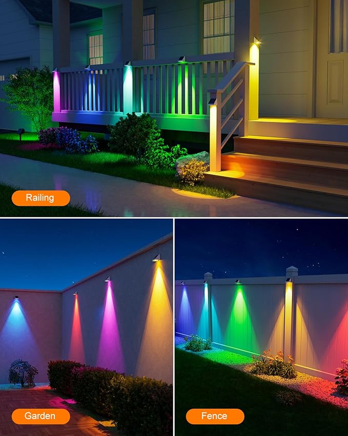 12 Pack Color Changing Solar Powered Fence Lights Outdoor Decorative LED Waterproof Yard Lighting for Outside Wall, Deck, House Patio, Rail, Backyard, 8 Colorful Modes, Easy Install (White Shell)-BloomoryGarden