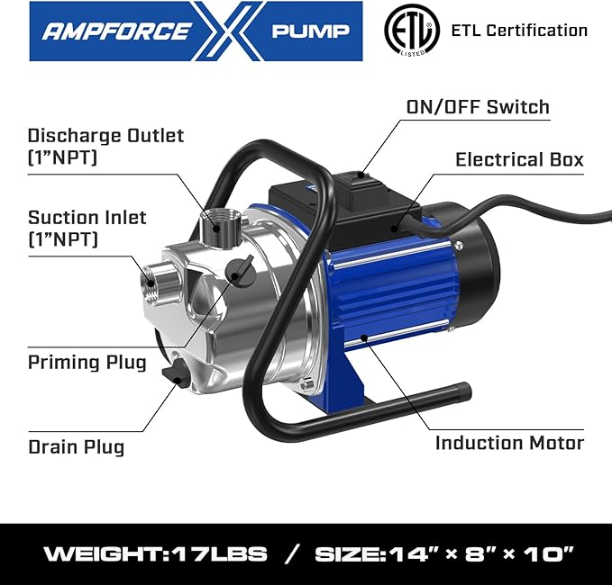 110V Electric Shallow Well Pump, 1.5HP 1532GPH 152FT Water Transfer Pump, Portable Stainless Steel Sprinkler Booster Jet Water Pumps for Garden Lawn Irrigation System-BloomoryGarden