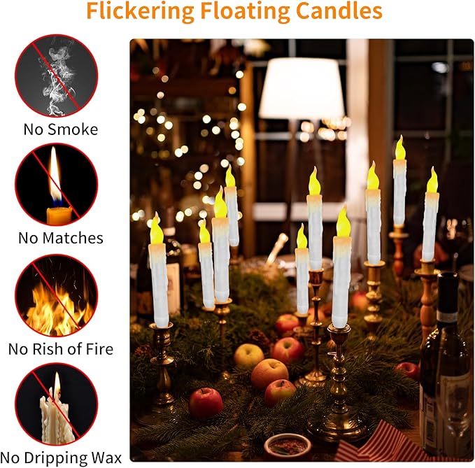 12pcs Floating Candles with Wand, Magic Hanging Candles, Flameless Candles with Magic Wand Remote, Battery Operated Hanging Window Candle, 6.1" LED Electric Candles for Christmas Halloween Decorations-BloomoryGarden