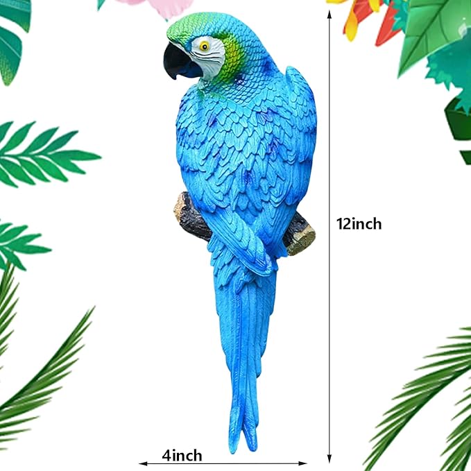 12inch Blue Parrot Tiki Bar Statue for Pool Decorations, Outdoor Parrot Deck Decor, Resin Plastic Parrot Sculpture for Porch, Life Size Tropical Birds for Yard, Tree Faces Animals(Blue)-BloomoryGarden
