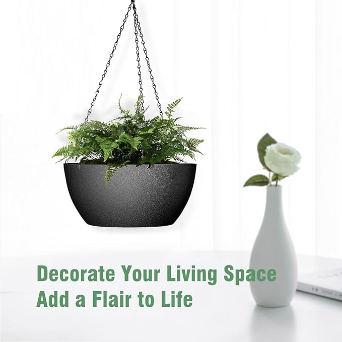 13 inch Large Hanging Planters Plant Pots for Outdoor Indoor Plants with Drainage Holes and Chain, 2 Pack Round Hanging Flower Pots for Garden Home Porch Decor, Black-BloomoryGarden