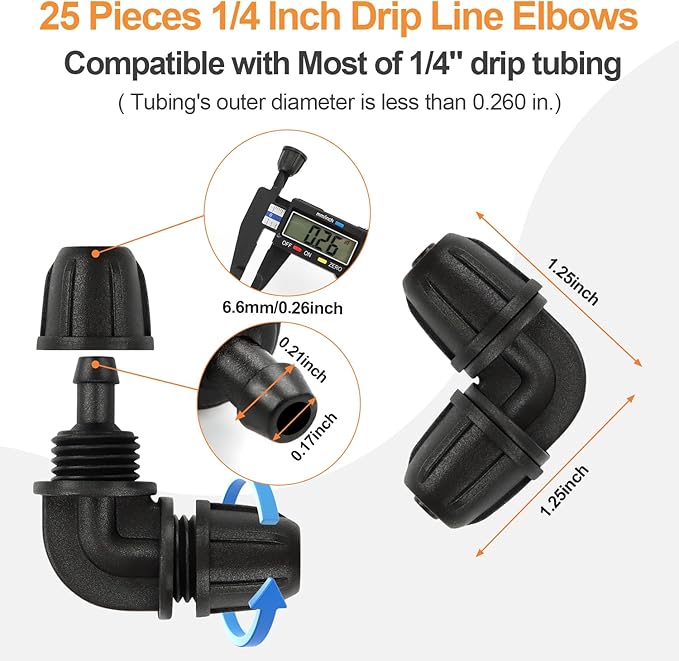 1/4 Inch Drip Irrigation Elbow Fittings, 25 Pieces 1/4'' Drip Line Barbed Locked Elbow Connectors for 1/4 Inch Irrigation Tubing Anti-leak 90 Degree Elbow for Garden Drip Sprinkler Systems-BloomoryGarden