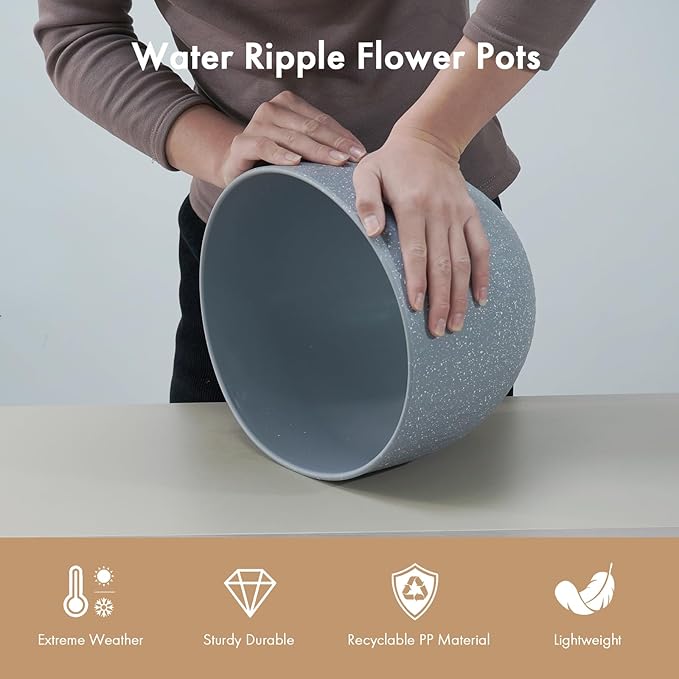 12 Inch Wide Water Ripples Flower Pots for Indoor or Outdoor Plants, Large Plant Pots with Drainage Holes & Saucer, Plastic Planters Set for Garden & Home Decor (Grey with White Speckles)-BloomoryGarden