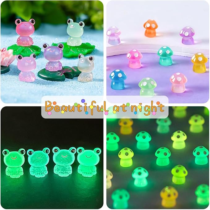 122Pcs Luminous Mini Resin Animal Figurines Glow in The Dark Cute Rabbits Frogs Mushrooms Glitter Ducks 4 Combination Miniature Figurines Set for Office Garden Decoration Aquarium Home Party Decor-BloomoryGarden