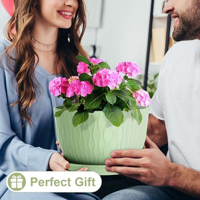 12 Inch Large Plant Pots for Indoor or Outdoor Plants, Wide Water Ripples Flower Pots with Drainage Holes & Saucer, Plastic Planters Set for Garden & Home Decor (Green)-BloomoryGarden