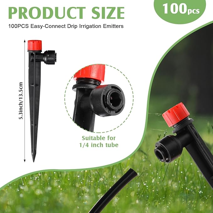 100 Pcs Drip Irrigation Emitters for 1/4'' Irrigation Tubing Adjustable Water Flow Drip Emitters with Stake Drip Irrigation System Irrigation Drippers with 360 Degree Sprayer for Garden Patio-BloomoryGarden