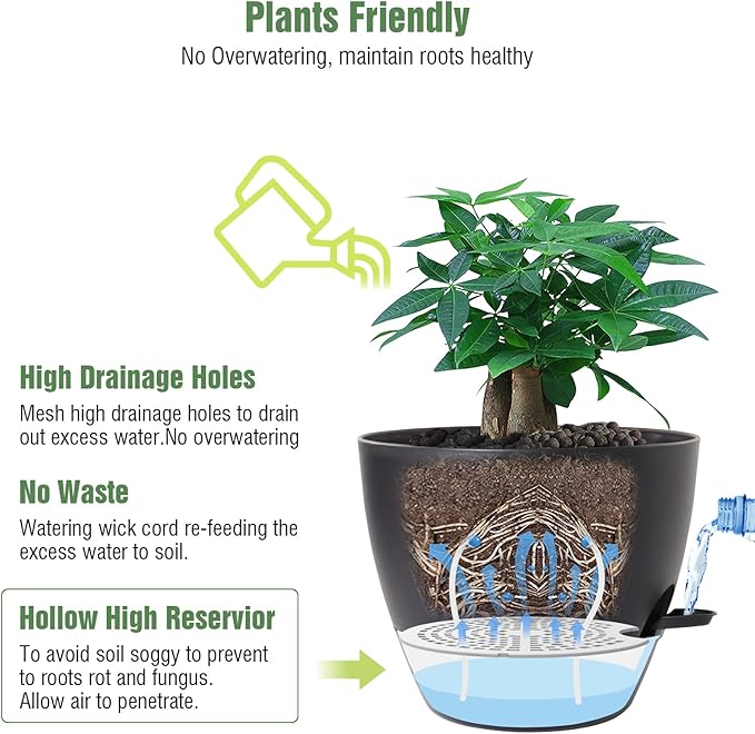 12 inch Large Self Watering Pots, Plastic Planters with 60oZ Removable Deep Reservoir and Multi Mesh Drainage Holes for Indoor Outdoor Garden Plants and Flowers, Black-BloomoryGarden