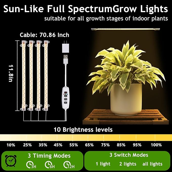 HOMKIRT Tall Corner Plant Stand with Grow Lights, Plant Shelf Indoor for Multiple Plants, Wood Plant Ladder Rack Holder Display Flower Stand for Living Room Balcony