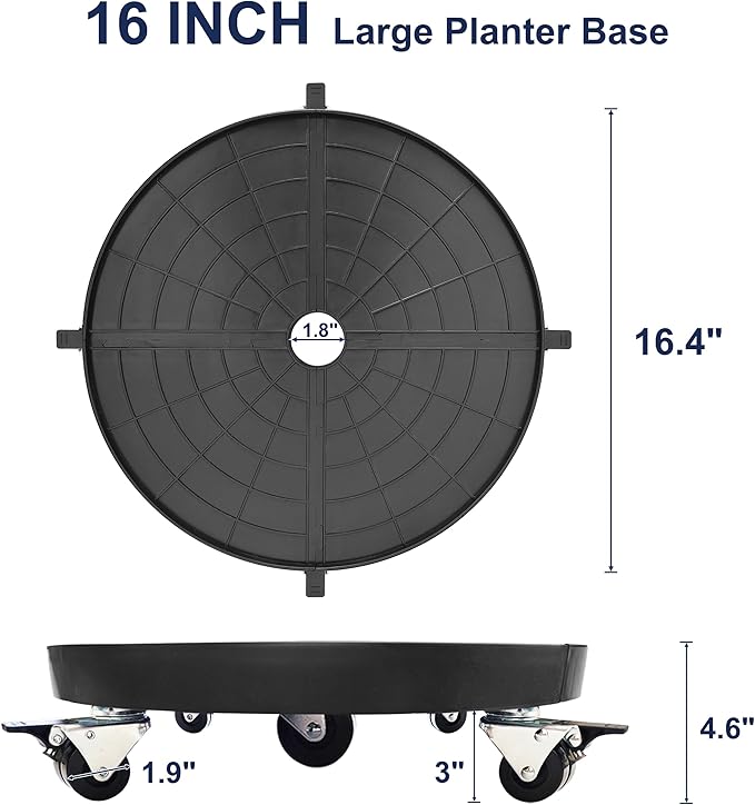 16 Inch Plant Caddy with Wheels Outdoor Indoor 2 Pack, Large Rolling Plant Stand for 500lb Heavy Duty Flower Pots, Round Plant Rollers Lockable Potted Planter Dolly, Black-BloomoryGarden