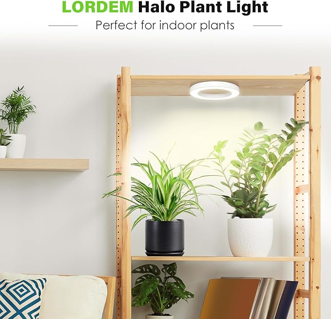 LORDEM 6.3” Ceiling Grow Light for Indoor Plants, 72 LEDs Full Spectrum Halo Plant Light, Under Cabinet Growing Lamp with 4/8/12H Auto Switch, 4 Dimmable Brightness Levels, Ideal for Pot Plants-BloomoryGarden