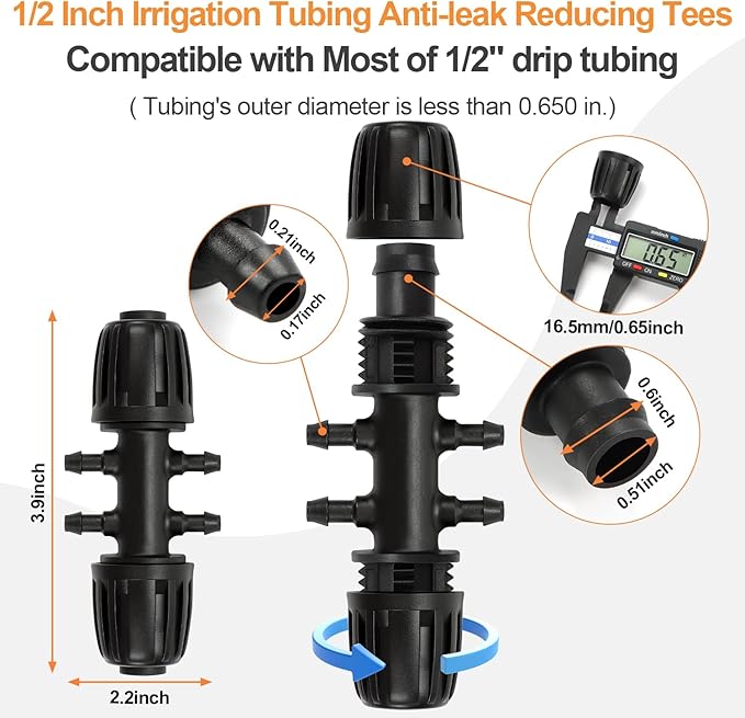 12 Pcs 1/2 inch to 1/4 inch Drip Irrigation Tubing Fittings, 1/2" Drip Tubing (1/2" ID x 0.65" OD) to 4 Way 1/4" Irrigation Tubing Locked Barbed Reducing Tee Connectors for Garden Systems-BloomoryGarden