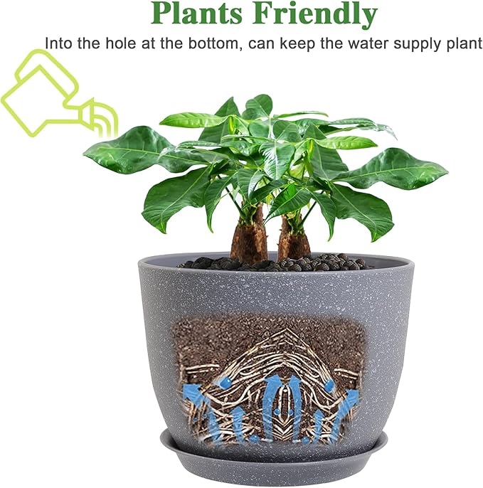 12/10/9 Large Modern Plant Pots, Plastic Planters with Drainage Holes and Saucers for Indoor Outdoor Plants Flowers, Grey Speckles-BloomoryGarden