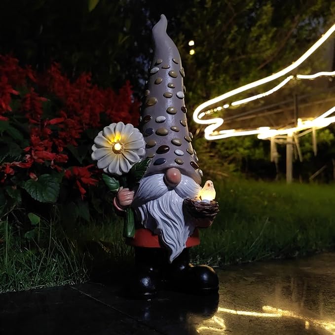 12 Inch Solar Garden Gnome Statue Clearance with Sunflower and Bird's Nest Light – Outdoor High Hat Gnome Sculpture Outdoor Statue for Patio and Garden Decor – Figurine Gift for Gnome Lovers-BloomoryGarden