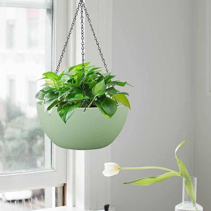 13 inch Large Hanging Planters Plant Pots for Outdoor Indoor Plants with Drainage Holes and Chain, 2 Pack Round Hanging Flower Pots for Garden Home Porch Decor, Green-BloomoryGarden