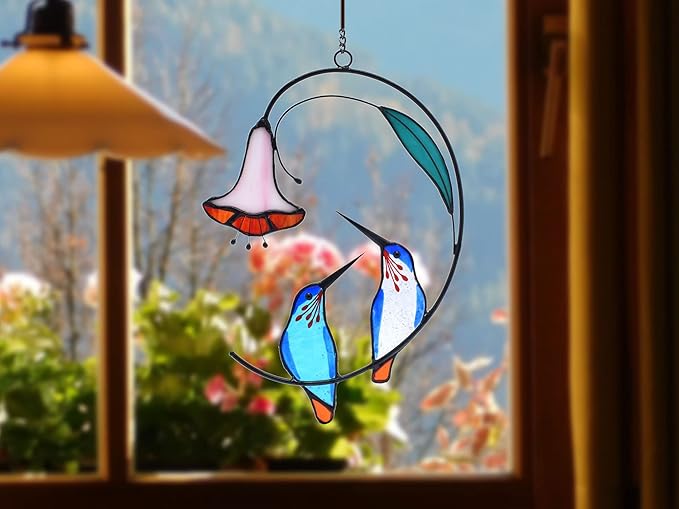 Lolitarcrafts Hummingbird with Flower Stained Glass Suncatcher Bird Stained Glass Window Hangings Hummingbird Gift for Home Decor (Blue 1 Pair)-BloomoryGarden