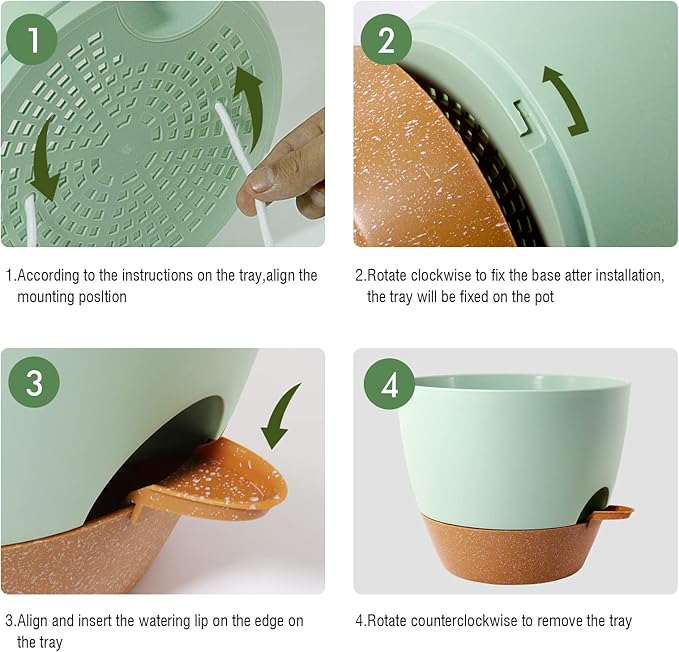 12 inch Large Self Watering Pots, Plastic Planters with 60oZ Removable Deep Reservoir and Multi Mesh Drainage Holes for Indoor Outdoor Garden Plants and Flowers, Green with Brown-BloomoryGarden