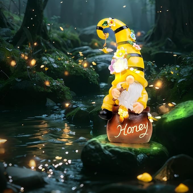 13" Garden Solar Spring Gnomes Statues Outdoor Spring Decor with LED Lighted Bee and Flowers Funny Garden Sculpture for Patio Yard Lawn Decorations Gifts-BloomoryGarden