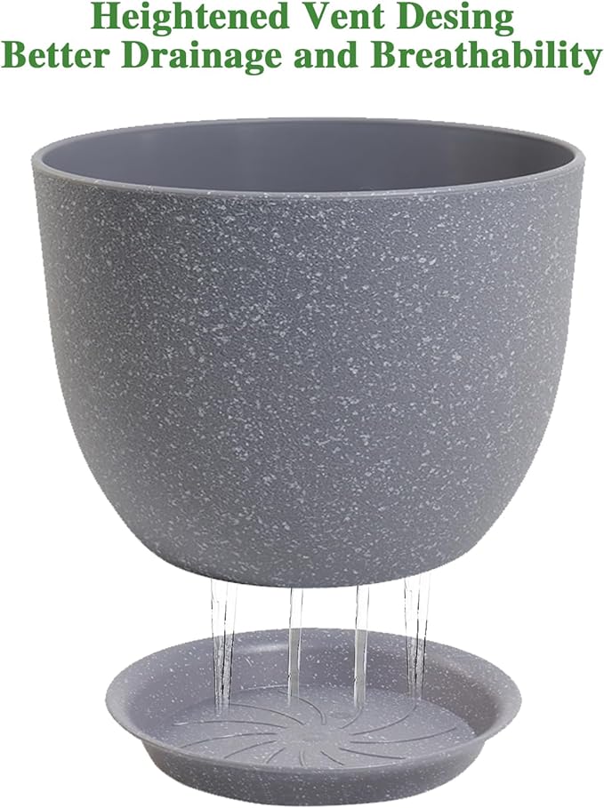 12/10/9 Large Modern Plant Pots, Plastic Planters with Drainage Holes and Saucers for Indoor Outdoor Plants Flowers, Grey Speckles-BloomoryGarden
