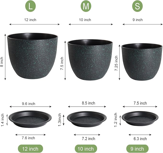 12/10/9 Large Modern Plant Pots, Plastic Planters with Drainage Holes and Saucers for Indoor Outdoor Plants Flowers, Black with Green Speckles-BloomoryGarden