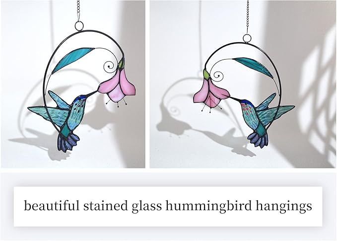 Lolitarcrafts Stained Glass Hummingbird Window Hangings with Flowers, Bird Stained Glass Suncatcher for Window Decor Hummingbird Gifts for Mom,Bird Lovers (Blue with Flower A)-BloomoryGarden