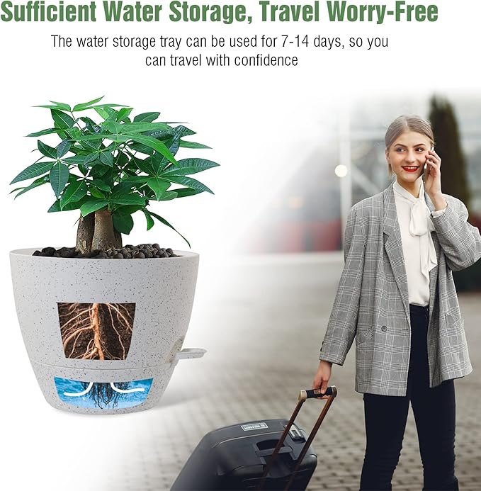 12 inch Large Self Watering Pots, Plastic Planters with 60oZ Removable Deep Reservoir and Multi Mesh Drainage Holes for Indoor Outdoor Garden Plants and Flowers, White Speckles-BloomoryGarden
