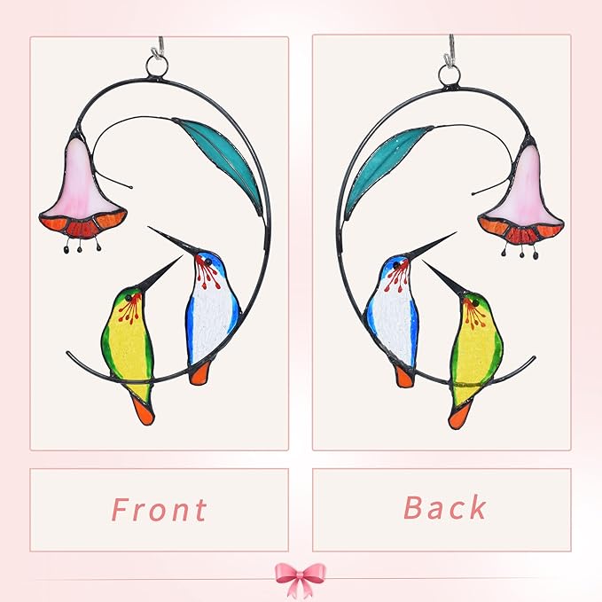 Lolitarcrafts Hummingbird with Flower Stained Glass Suncatcher Bird Stained Glass Window Hangings Hummingbird Gift for Home Decor (Green and Blue)-BloomoryGarden