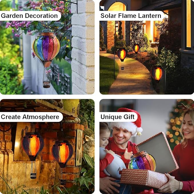 Hot Air Balloon Solar Lantern with Flickering Flame Hanging Solar Lanterns Outdoor Lights Waterproof Lanterns Decorative Garden Patio Yard Party Decor Wavy-Colorful + Blue