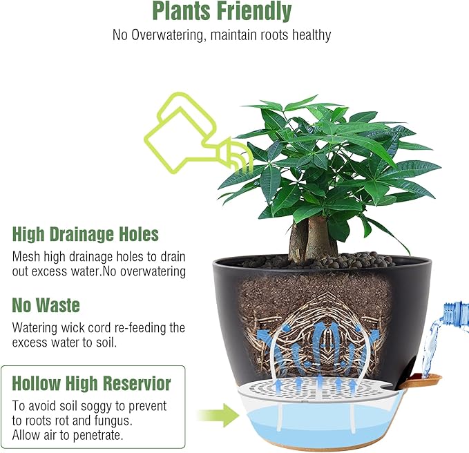 12 inch Large Self Watering Pots, Plastic Planters with 60oZ Removable Deep Reservoir and Multi Mesh Drainage Holes for Indoor Outdoor Garden Plants and Flowers, Black with Brown-BloomoryGarden