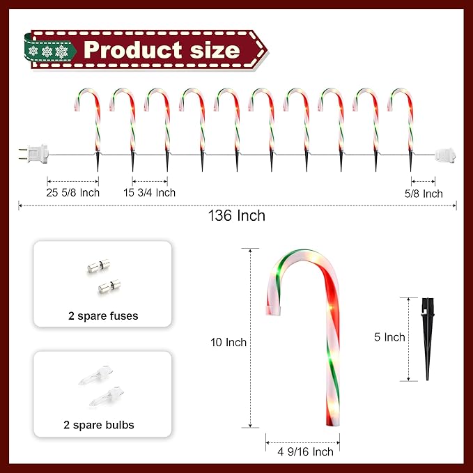 10" Christmas Candy Cane Pathway Lights, Set of 10 Pack Christmas Outdoor Decorations Candy Cane Lights Red & Green-BloomoryGarden