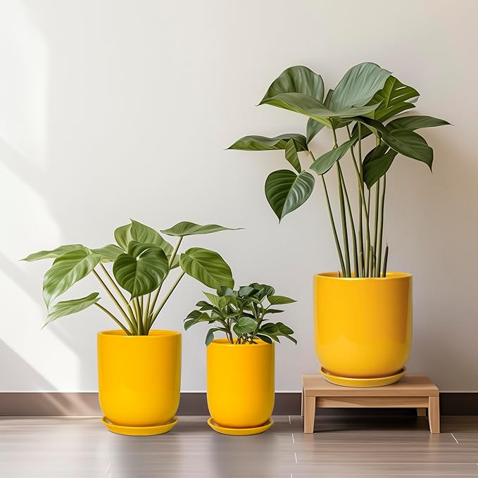 12 Inch Pots for Plants - Ceramic Planter for Outdoor Plants Large Plant Pot Indoor with Drainage Hole Modern Flower Pot for Home Patio Office Decor Yellow-BloomoryGarden