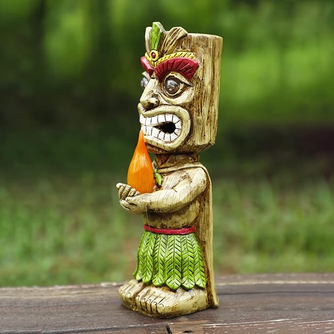 13" Tall Solar Torch Tiki Garden Statue, Resin Large Tiki Decor Figurine with Solar Lights, Hawaiian Tiki Man, Outdoor Patio Yard Lawn Bar Party Beach Pool Pond Decoration, Valentine's Day Gift-BloomoryGarden