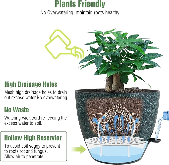 12 inch Large Self Watering Pots, Plastic Planters with 60oZ Removable Deep Reservoir and Multi Mesh Drainage Holes for Indoor Outdoor Garden Plants and Flowers, Black with Green Speckles-BloomoryGarden