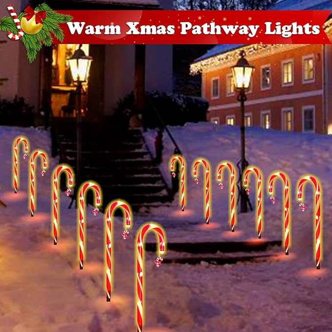 12 Pack Christmas Candy Cane Lights Outdoor Solar Pathway Lights Christmas Decorations Waterproof Driveway Walkway Markers Yard Garden Home Xmas Decor, 2-in-1 Rechargeable Solar Power-BloomoryGarden