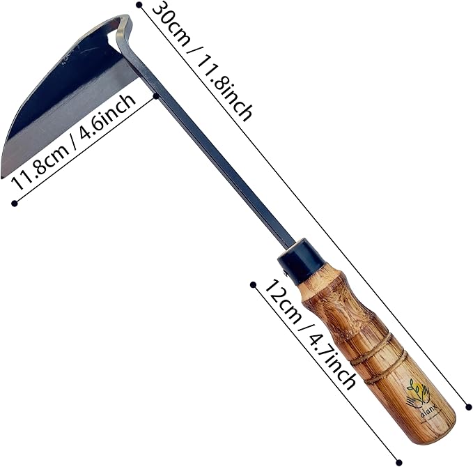 12 Inch Japanese Gardening Hand Weeding Sickle, Weeding Hoe with Long Wooden Handle-BloomoryGarden