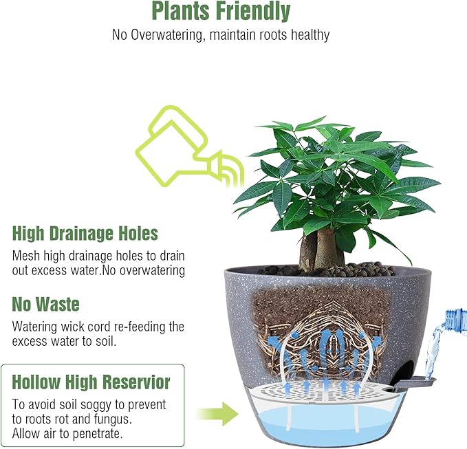 12 inch Large Self Watering Pots, Plastic Planters with 60oZ Removable Deep Reservoir and Multi Mesh Drainage Holes for Indoor Outdoor Garden Plants and Flowers, Grey Speckles-BloomoryGarden