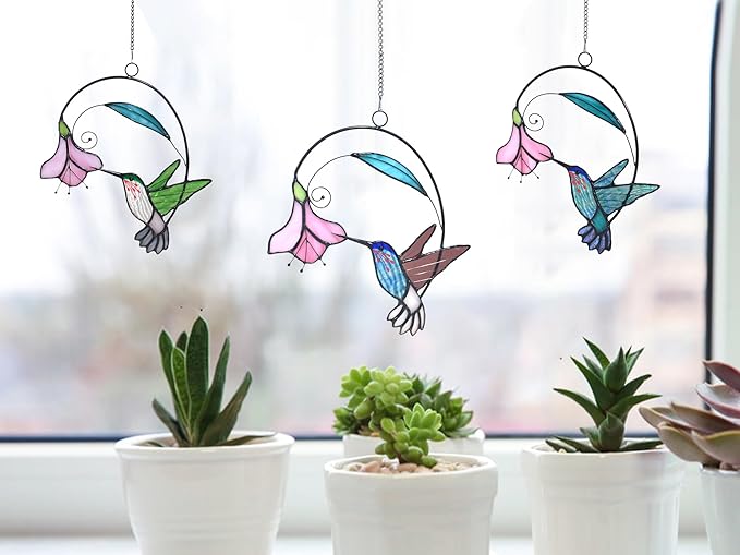 Lolitarcrafts Stained Glass Hummingbird Window Hangings with Flowers, Bird Stained Glass Suncatcher for Window Decor Hummingbird Gifts for Mom,Bird Lovers (Blue with Flower B)-BloomoryGarden