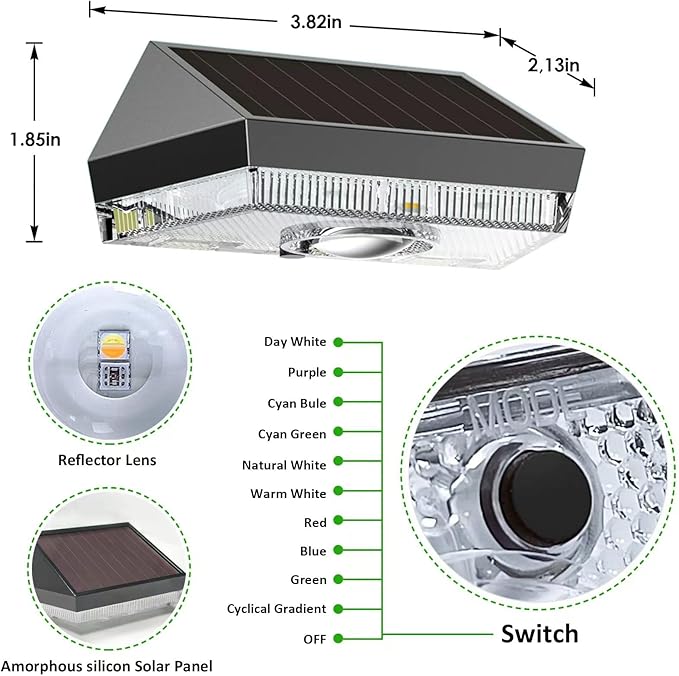 12PK Solar Fence Lights Outdoor - 3000/4000/6000K&RGB 6 Color, Dusk to Dawn Fence Lights Solar Powered, IP65 Waterproof Solar Light Outdoor for Backyard/Railing/Step/Patio/Wall-BloomoryGarden