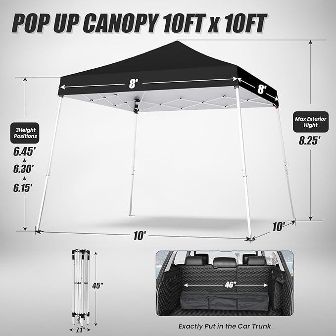 10x10 Pop Up Canopy, 300D Silver Coated Black Fabric Outdoor Gazebo, Beach Tent Slant Legs with Storage Bag,Easy Up Sun Shade Shelter Tents with 8x8 Top Cover for Patio,Party-BloomoryGarden