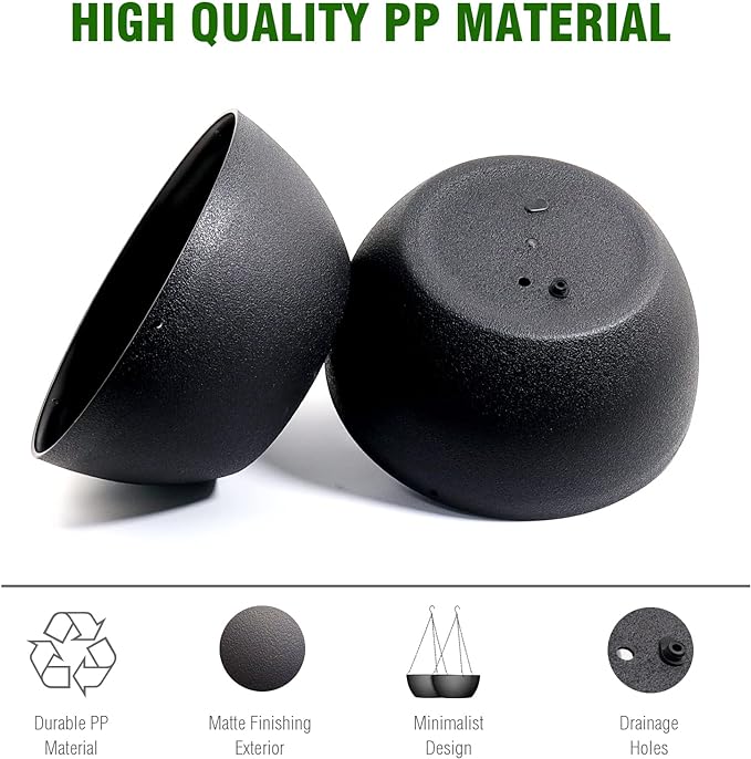 13 inch Large Hanging Planters Plant Pots for Outdoor Indoor Plants with Drainage Holes and Chain, 2 Pack Round Hanging Flower Pots for Garden Home Porch Decor, Black-BloomoryGarden